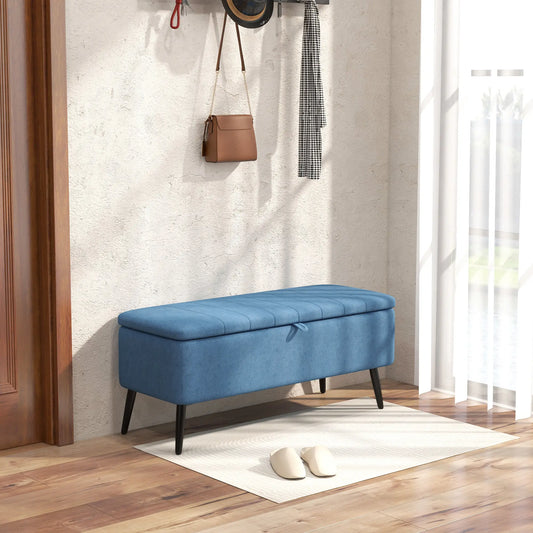 40" Ottoman Bench with Storage, Linen Upholstered with Steel Legs for Living Room, Bedroom in Blue