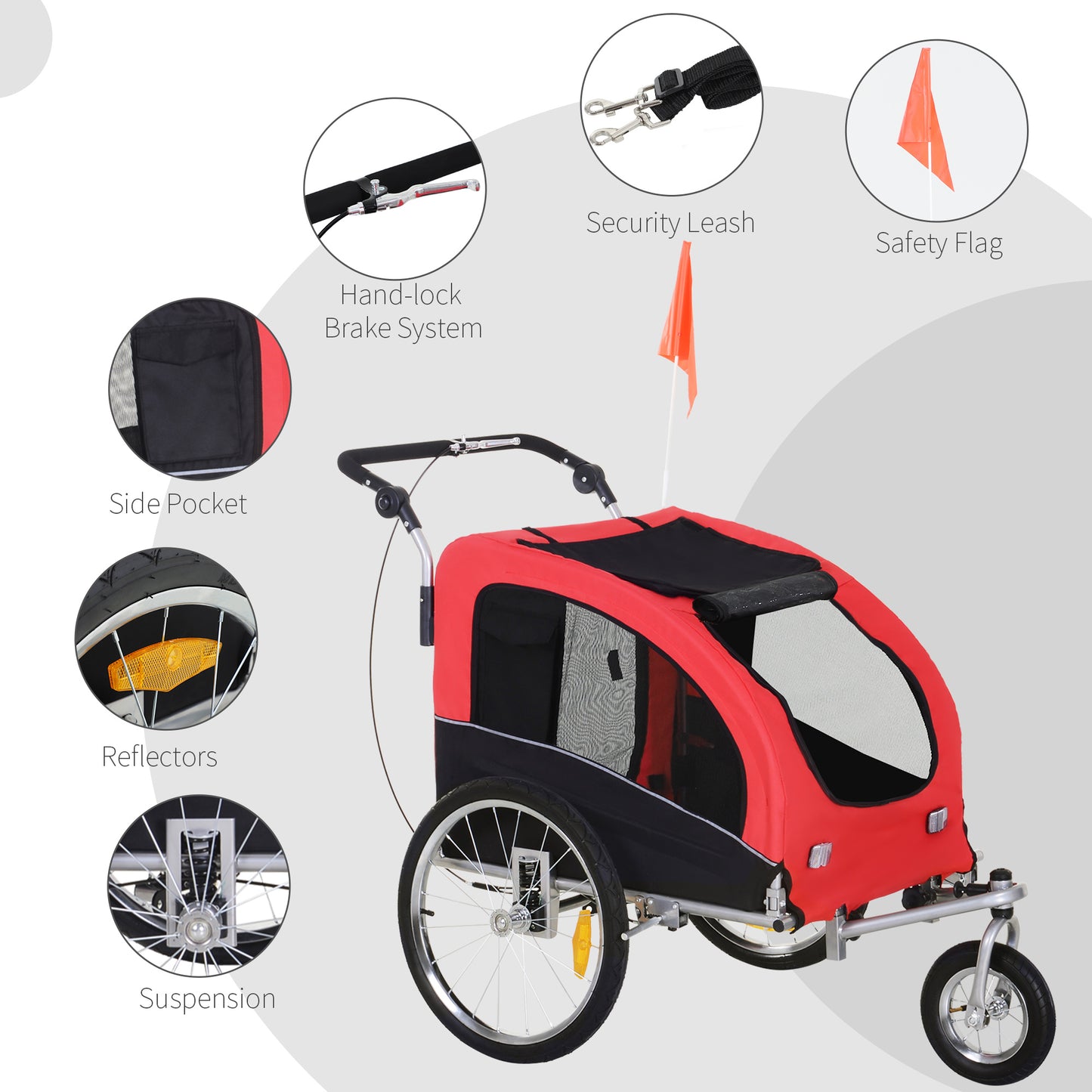 Dog Bike Trailer 2-In-1 Pet Stroller Cart Bicycle Wagon Cargo Carrier Attachment for Travel with Suspension and Storage Pockets, Red