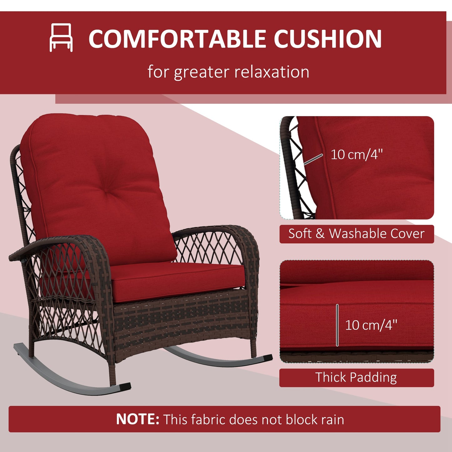 Outdoor Wicker Rattan Rocking Chair Patio Rocker with Thick Cushions for Garden Backyard Porch, Red