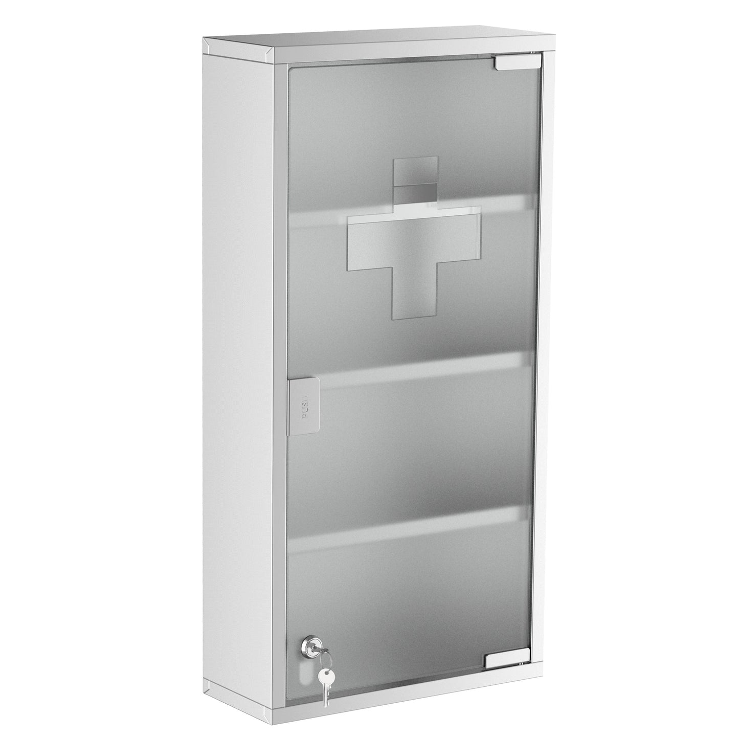 Stainless Steel Medicine Cabinet 4 Tier Frosted Door Lockable w/ 2 Keys Wall Mount First Aid Unit Home Safety Box