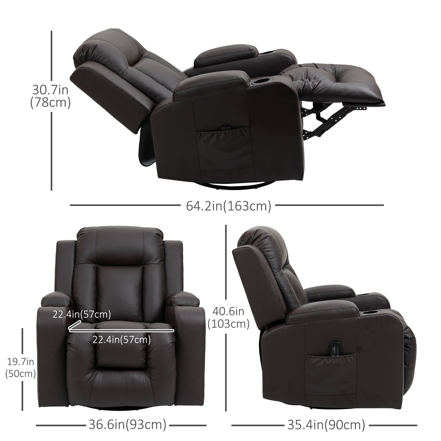 Massage Recliner Chair for Living Room with 8 Vibration Points, PU Leather Reclining Chair with Cup Holders, Swivel Base, Rocking Function, Brown