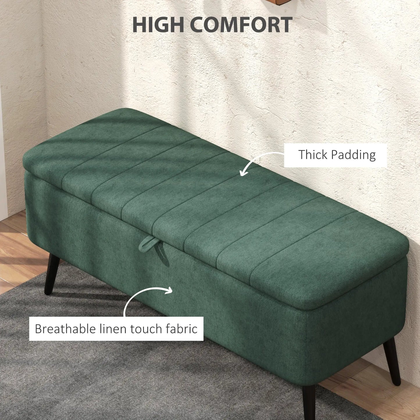 40" Ottoman Bench with Storage, Linen Upholstered with Steel Legs for Living Room, Bedroom Dark Green