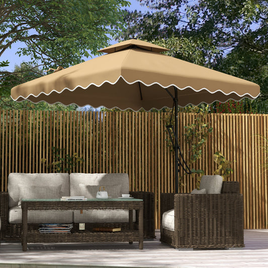 8' x 8' Square Double Top Offset Patio Umbrella Garden Parasol with Ruffles, Lever Handle and Weights, Khaki