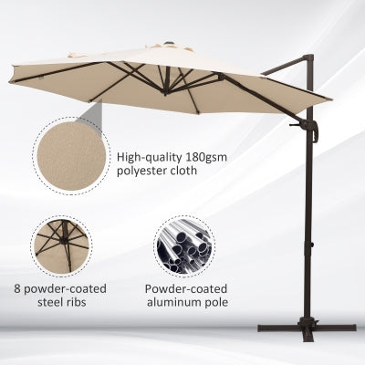 Outsunny 10ft Cantilever Patio Umbrella with 360° Rotation, Aluminium Outdoor Offset Hanging Umbrella with 4-Position Tilt, Crank & Cross Base for Garden Deck Pool Backyard, Cream White