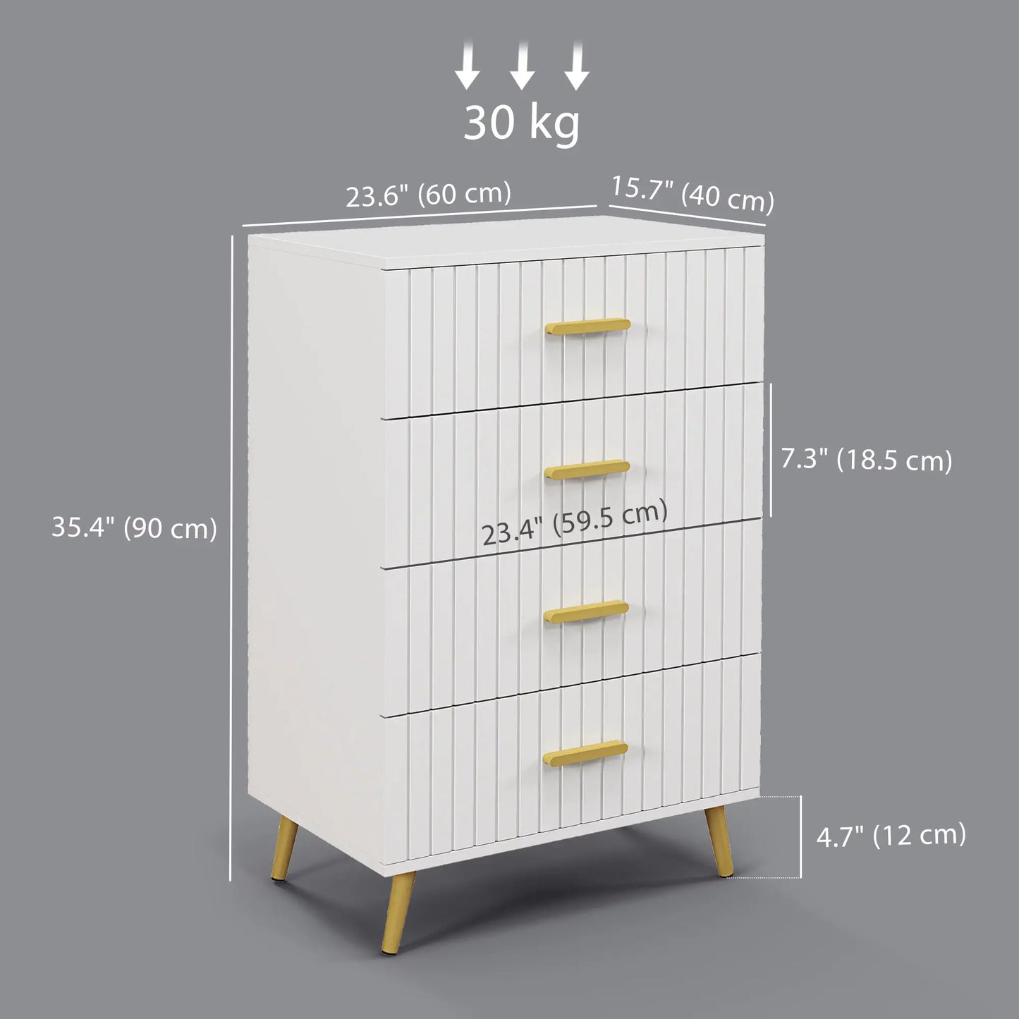 4 Drawer Dresser with Aluminium Legs and Gold Handles, White