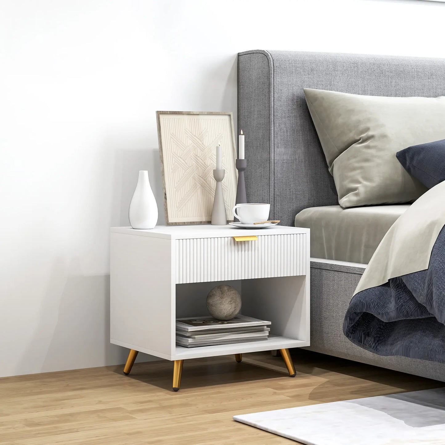 Nightstand with Fluted Panel, Bedside Table with Drawer and Open Compartment in White