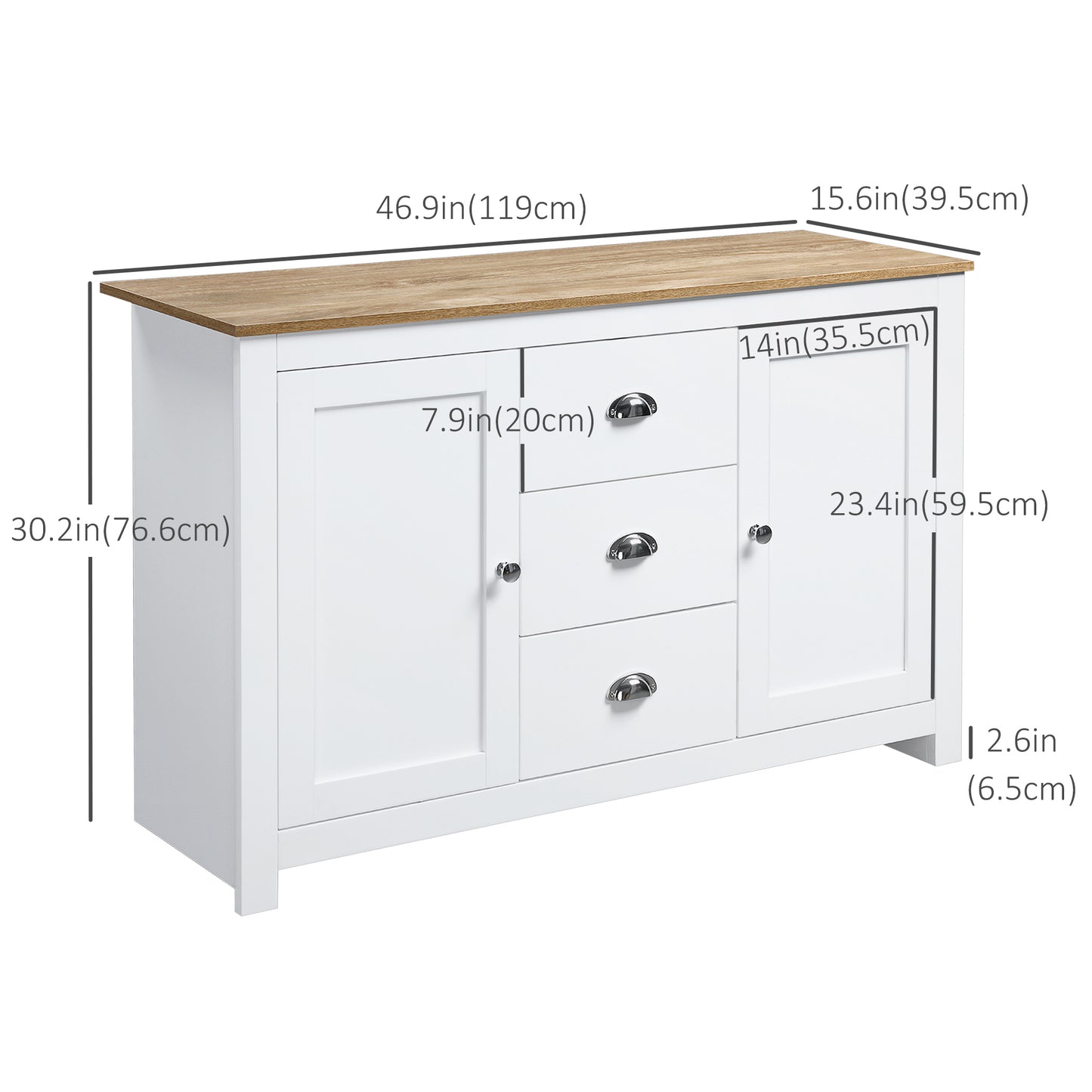 Modern Sideboard Cabinet or Kitchen Buffet Cabinet with 3 Drawers and Adjustable Shelves, Buffets Tables, White