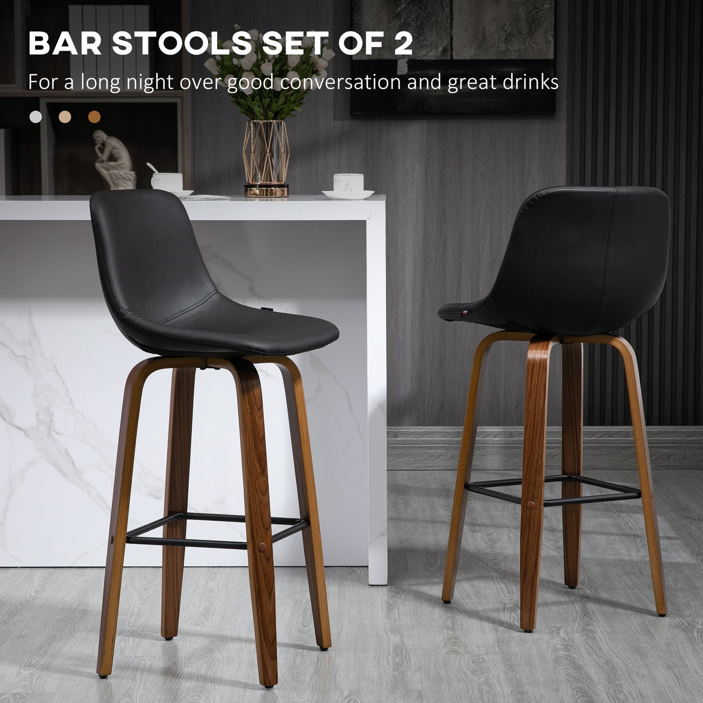 Bar Stools Set of 2, PU Leather Upholstered Bar Chairs with Back and Solid Wood Legs for Kitchen, Dining Room, Black