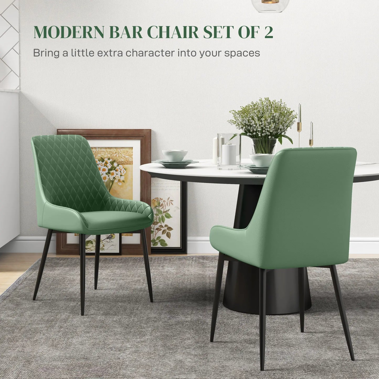 Modern Dining Chairs Set of 2, PU Leather with Metal Legs, Green