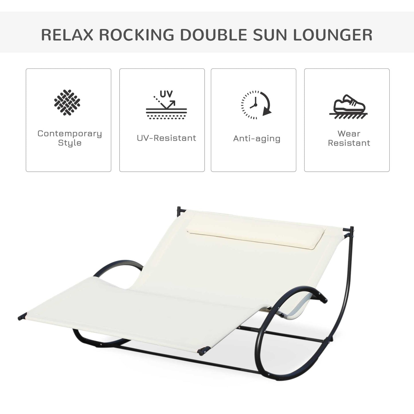 Double Chaise Lounger Garden Rocker Sun Bed Outdoor Hammock Chair Texteline with Pillow Cream White