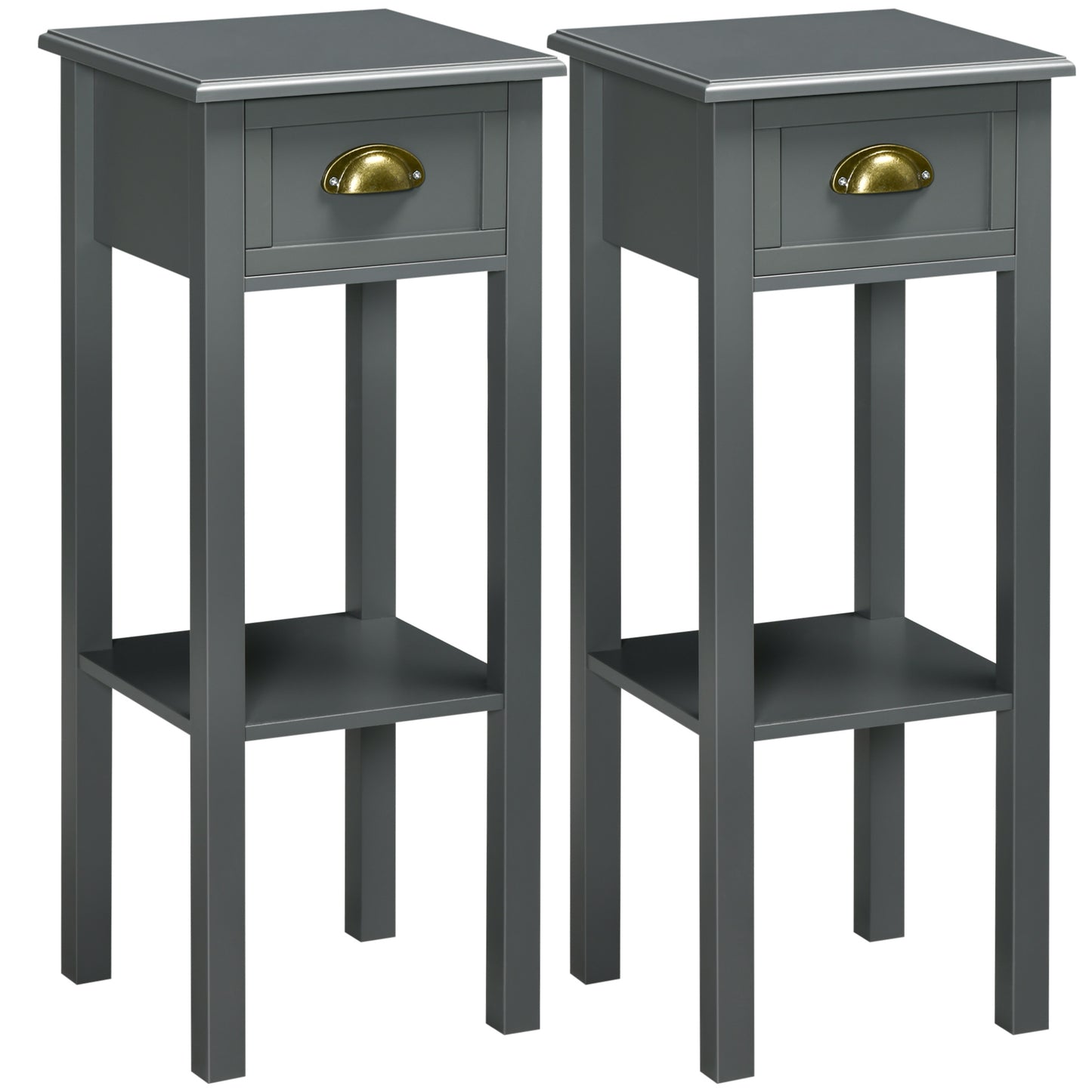 2 Tier Side Table, Set of 2, Narrow Tall End Table with Drawer and Shelf, Slim Wooden Nightstand for Living Room, Bedroom, Hallway, Grey