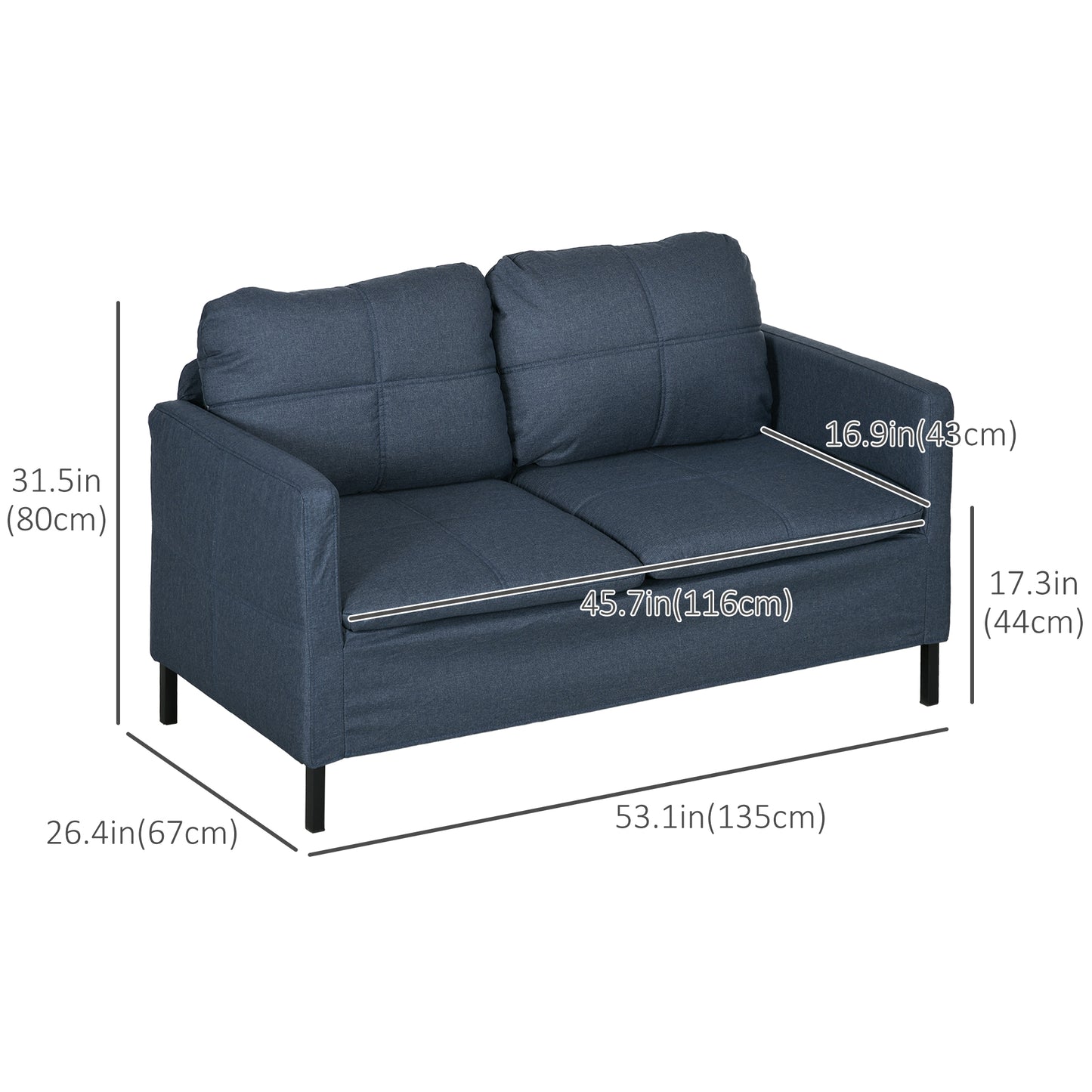 53"  Upholstered Two Seater Couch with Sturdy Steel Legs for in Dark Denim Blue