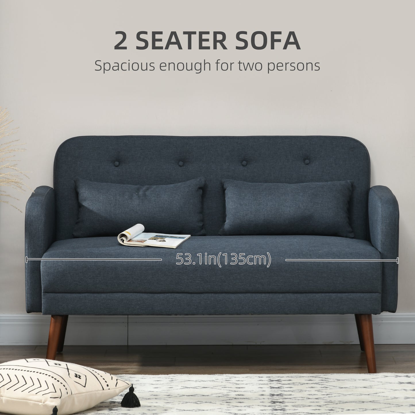 53"  Modern Love Seats , Upholstered 2 Seater Couch with Throw Cushions, Solid Wood Frame, Blue