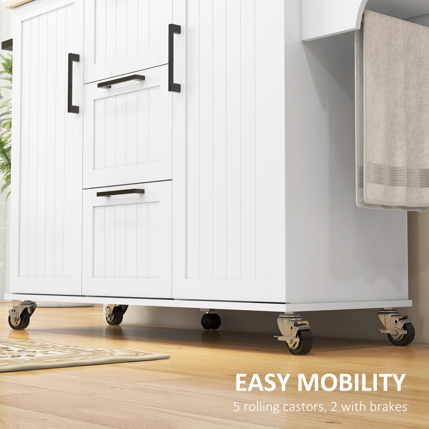 Rolling Kitchen Island with Drop Leaf, on Wheels with 3 Drawers, 2 Cabinets, Natural Wood Top, Spice Rack and Towel Rack, in White