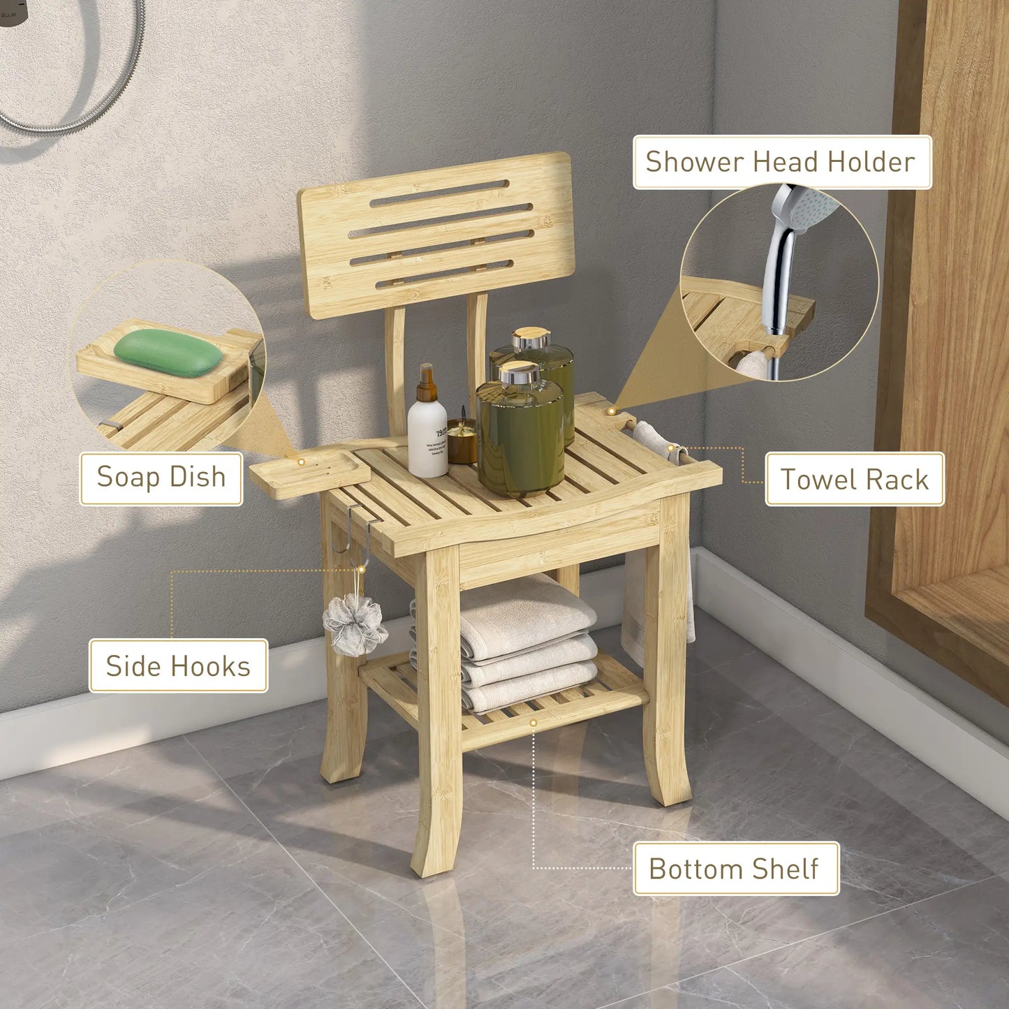 Bathroom Bench with Towel Rack, Shower Head Holder and Soap Dish, Natural Wood