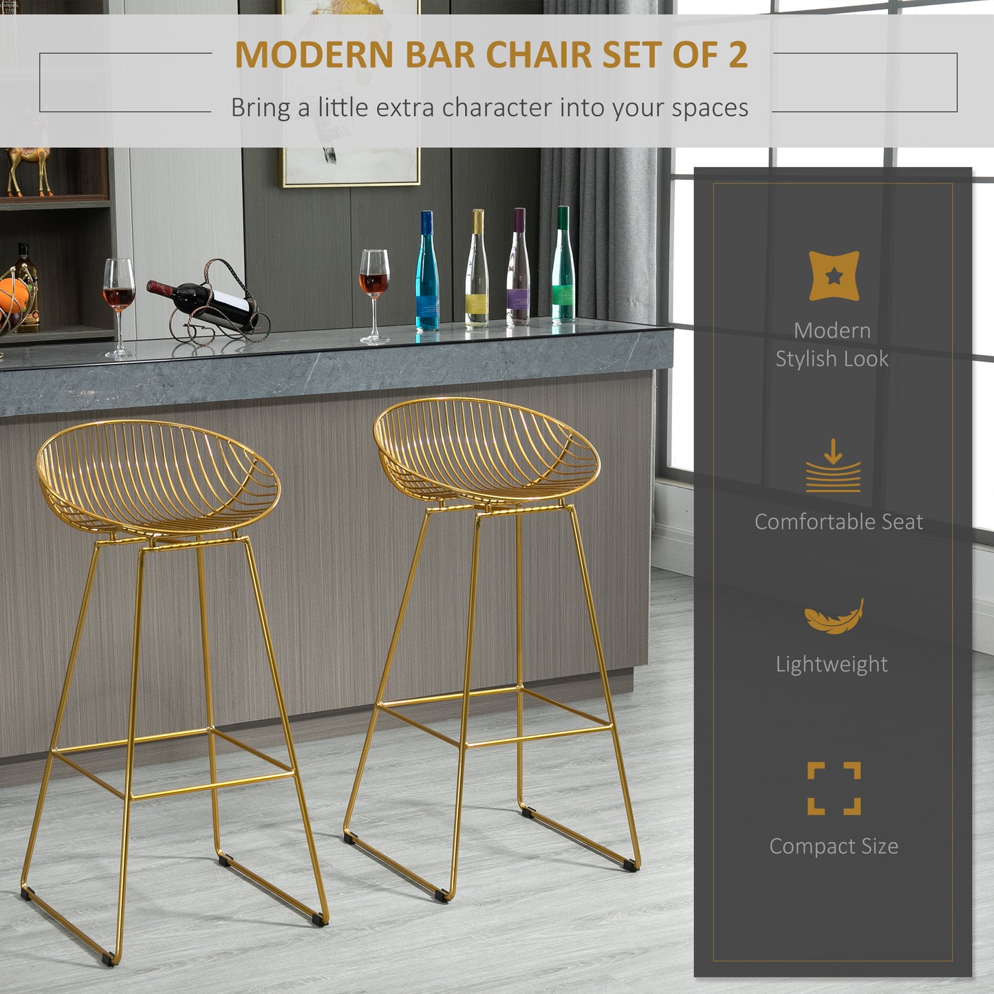 Counter Bar stools Set of 2, Modern Tall Bar Chairs for Kitchen with Backrest and Footrest, Steel Frame, Gold