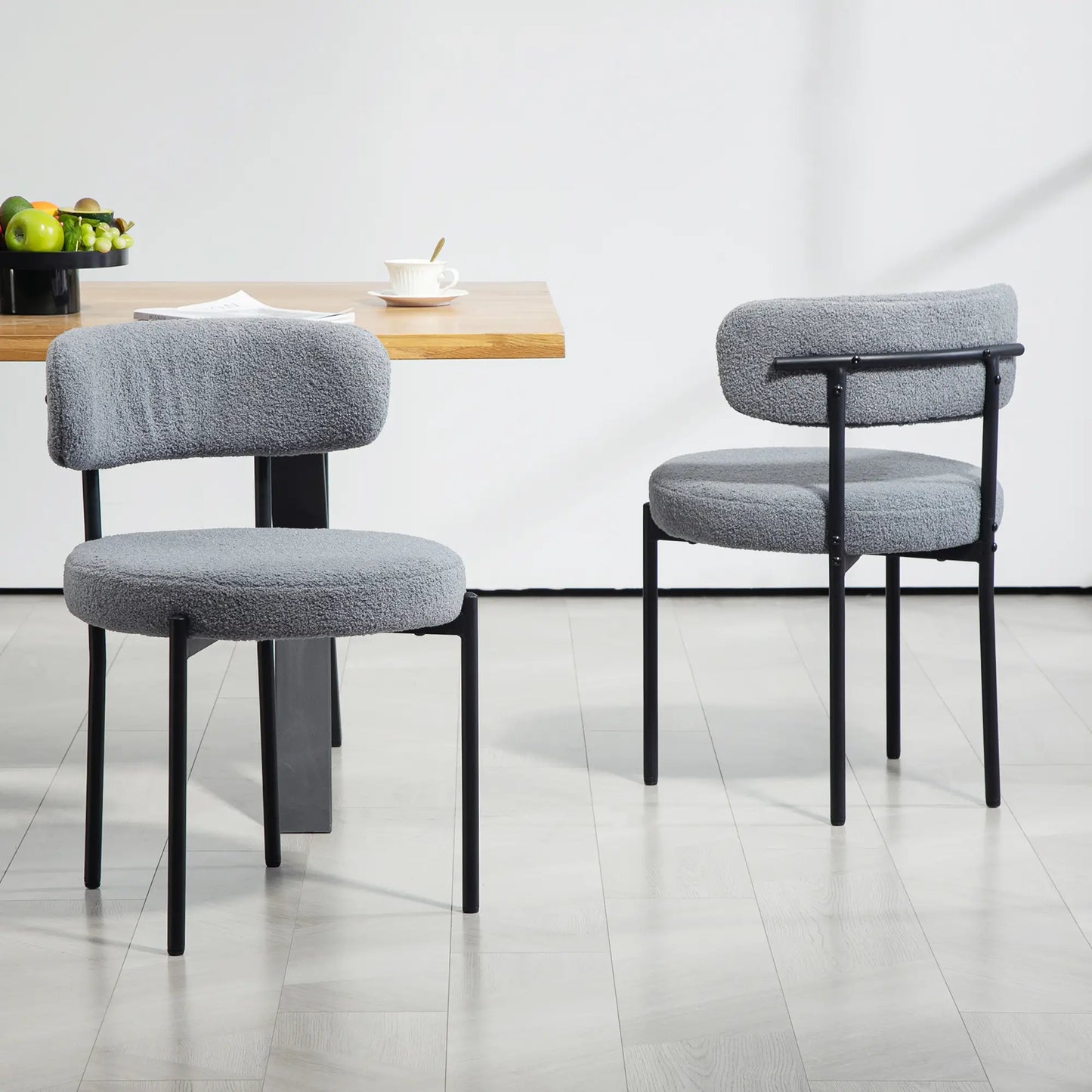 SET OF 2 Modern Dining Chairs w/ Berber Fleece Upholstery and Steel Legs , Grey