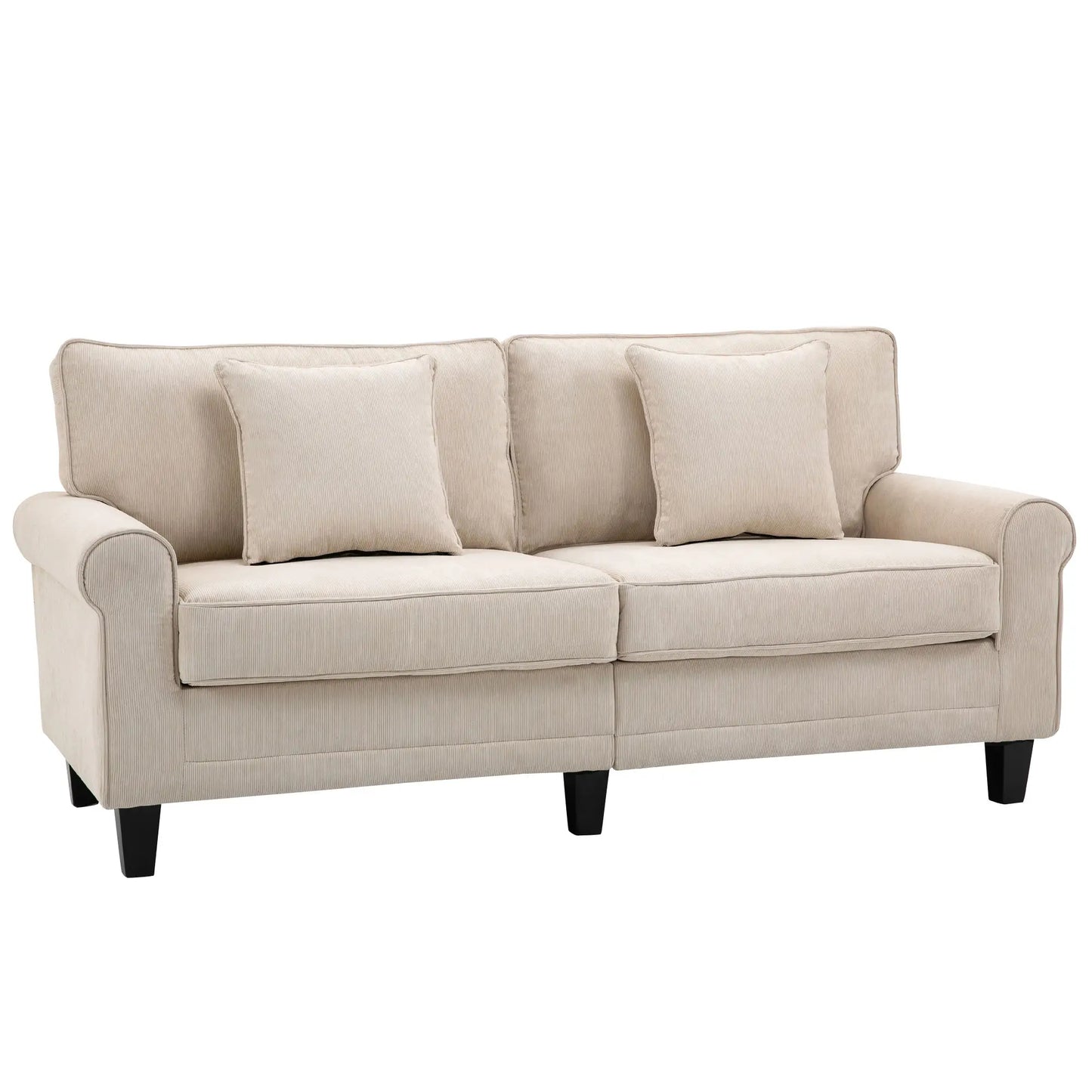 Corduroy Fabric 3 Seater Couch with Pine Wood Legs and Rolled Armrests for Living Room, Beige