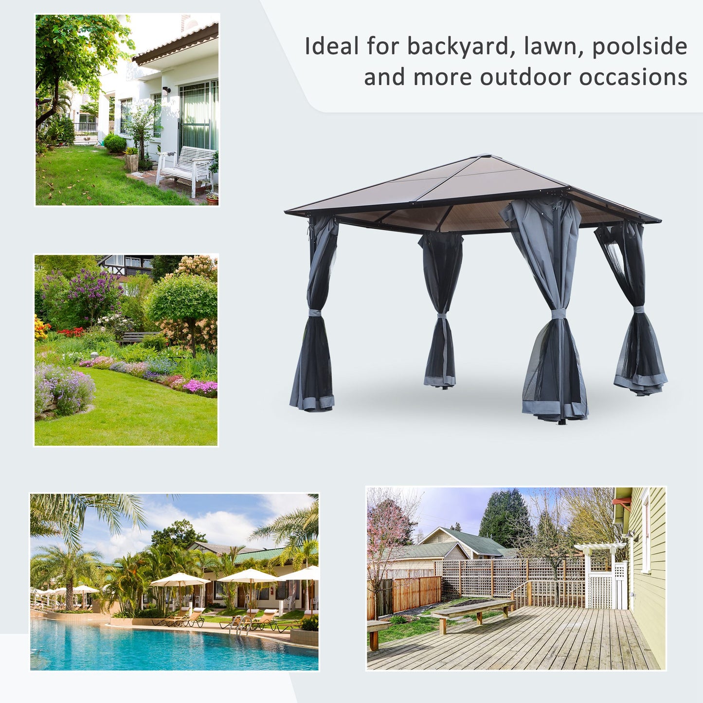 Outsunny 9.8' x 9.8' Garden Aluminium Gazebo Hardtop Roof Canopy Marquee with Mesh Curtains & Side Walls, Grey