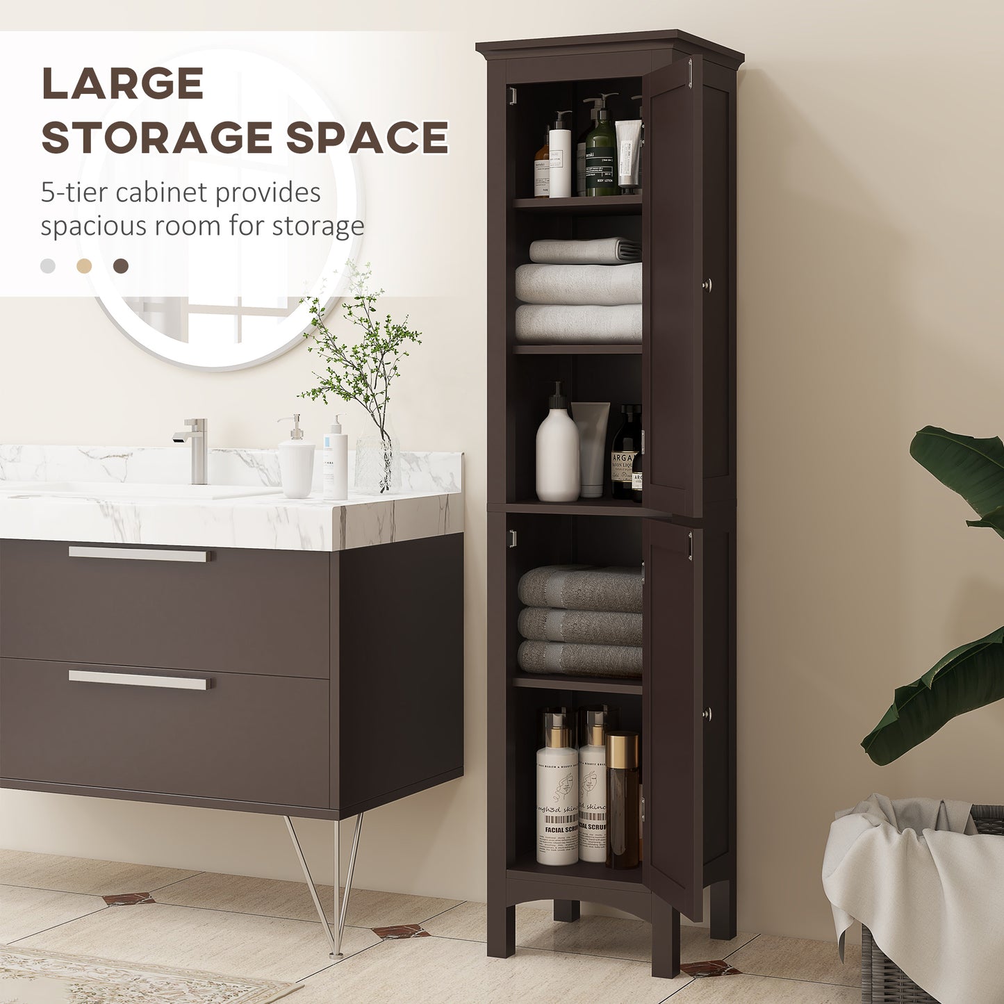 Tall Bathroom Cabinet, Freestanding Storage Organizer with Adjustable Shelves and Cupboards, 15" x 13" x 63", Dark Brown