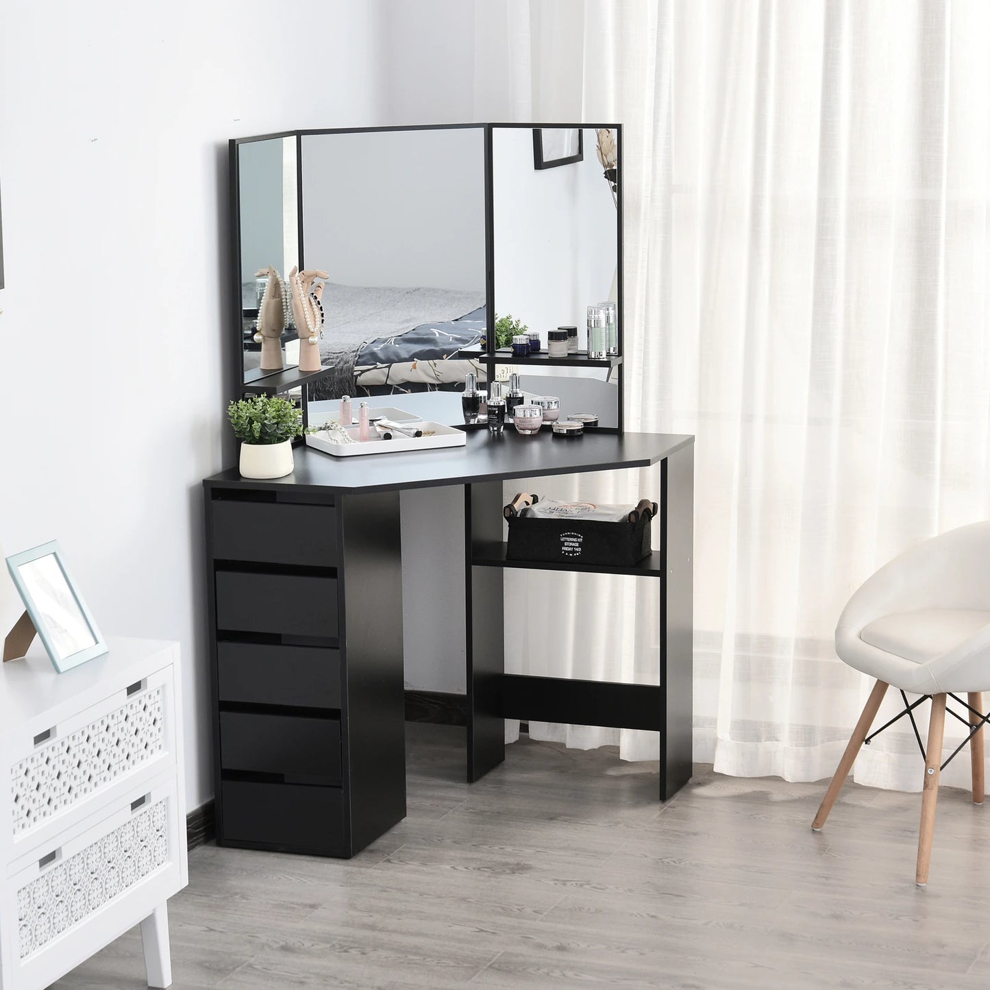 Corner Vanity Table, Makeup Desk with Three-Fold Mirror and 5 Drawers, Black