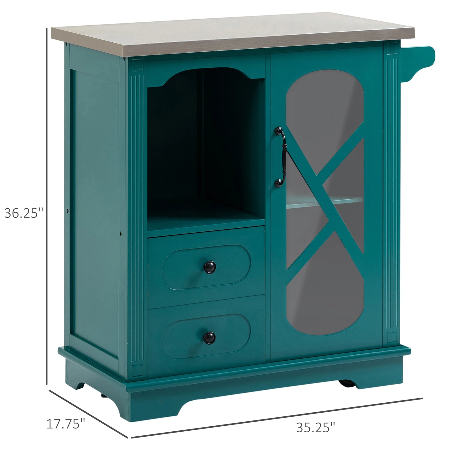 Rolling Kitchen Island Storage Cart, Kitchen Cabinet with Stainless Steel Top, Glass Door & Drawers for Kitchen, Green