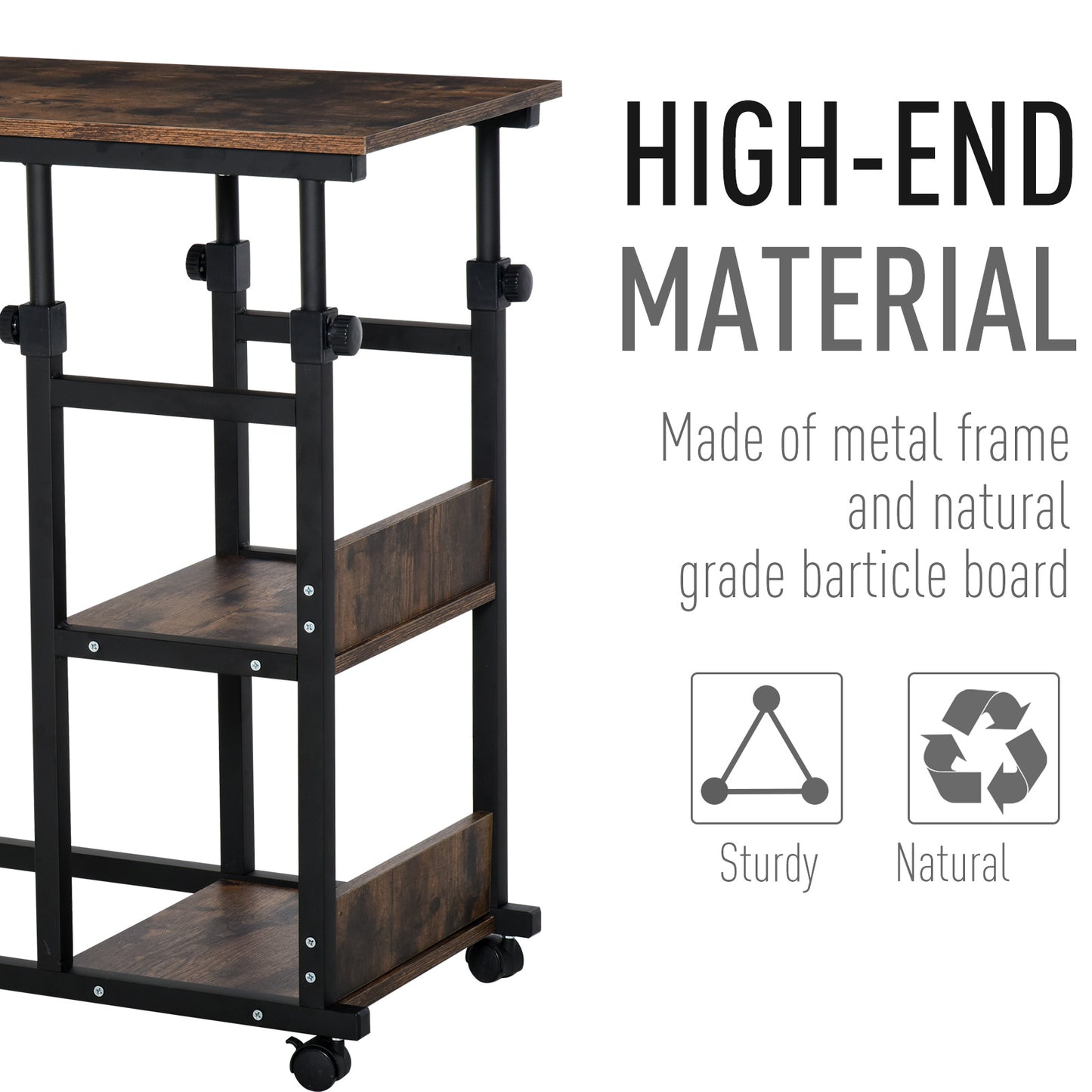 ndustrial Mobile Sofa Side Table C-Shaped Rolling Cart with 3-Tier Storage Shelving, Adjustable Height, Wheels