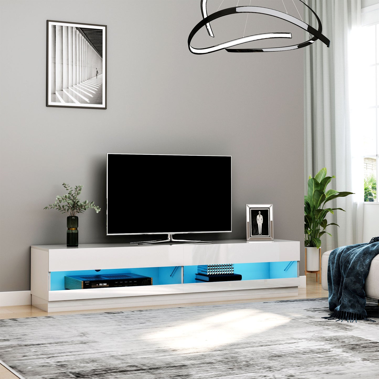 High Gloss TV Stand Cabinet for TVs up to 65", Entertainment Center with LED Light, Media Console with Storage, White