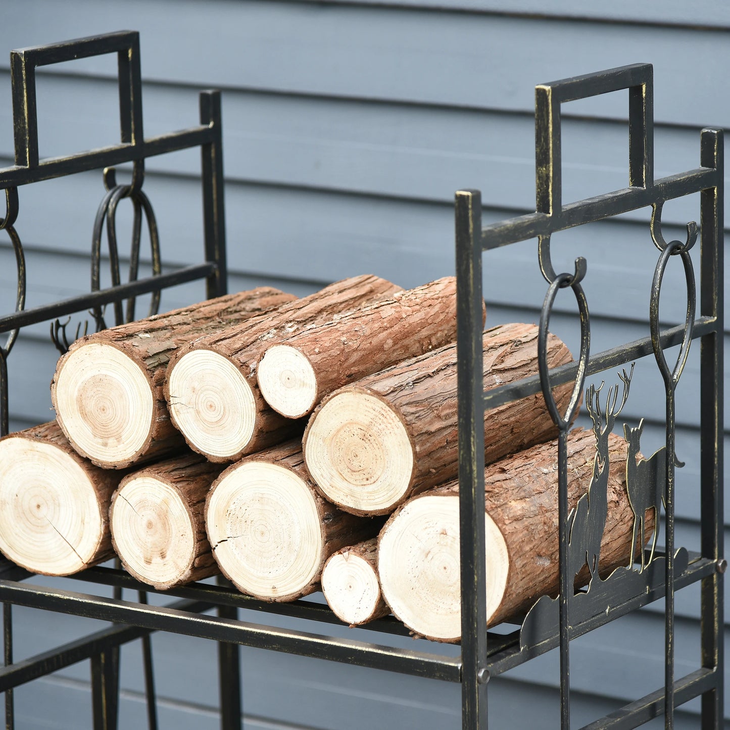 2-Layer Heavy Duty Firewood Rack Wood Log Fireplace Stacker w/ 4 Tools, Gold