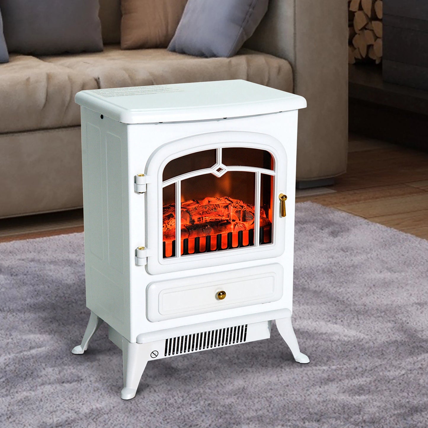 16" Free Standing Electric Fireplace Portable Adjustable Stove with Heater Wood Burning Flame 750/1500W White