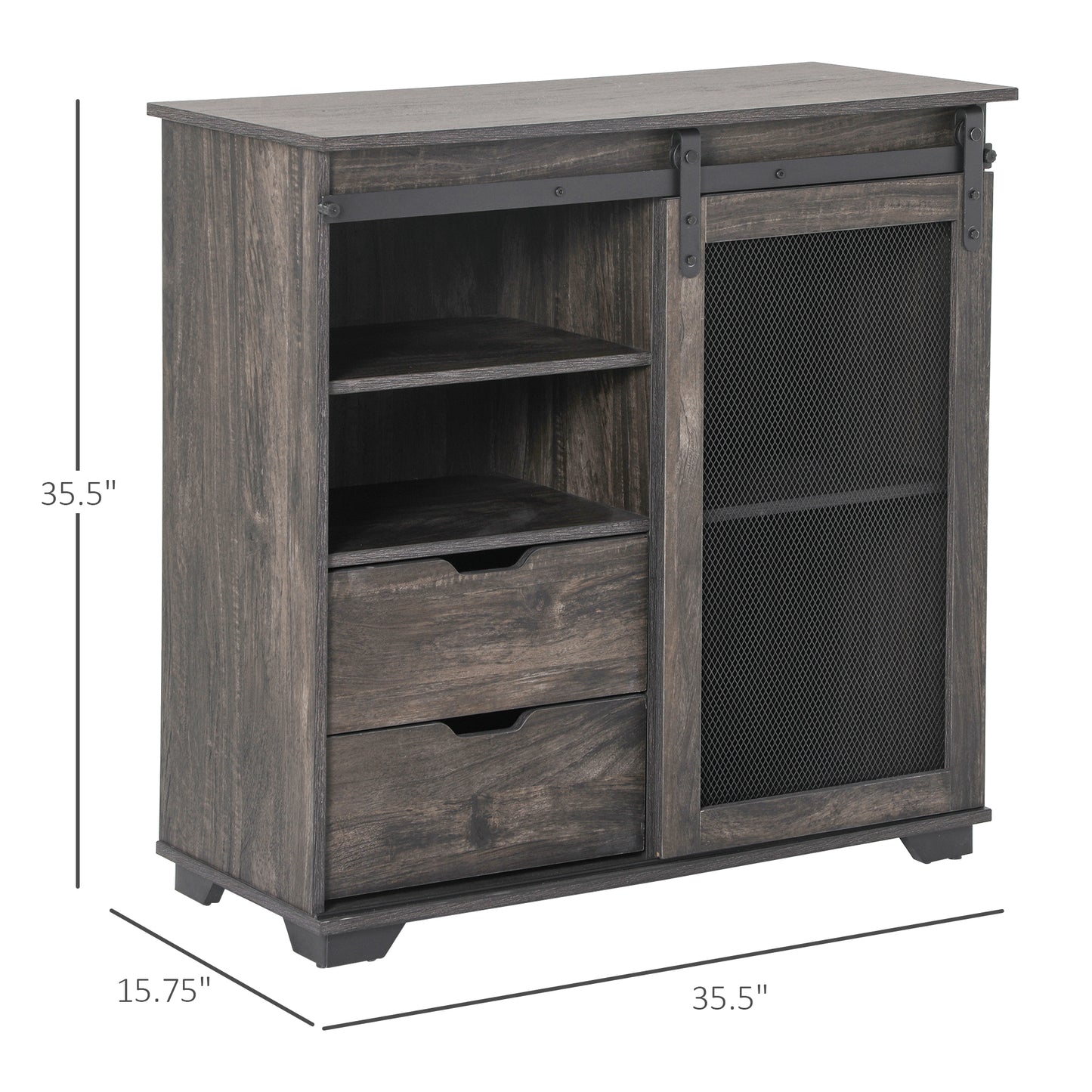 Industrial Freestanding Sideboard Buffet Sliding Door Storage Cabinet with 2 Drawers, 2 Shelves, 2 Door Cabinets, for Living Room, Dining Room, Kitchen, Bathroom, Entryway, Dark Brown and Black