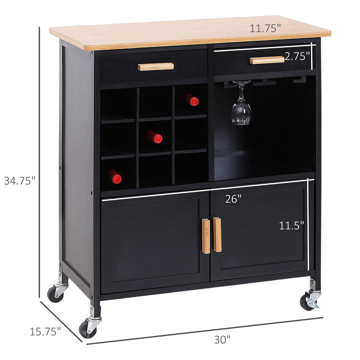 Portable Kitchen Trolley with Bamboo Top Storage Cabinet and Wine Rack (Black )