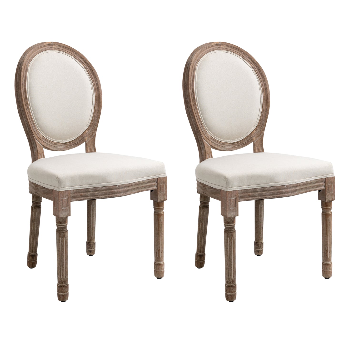 Vintage Armless Dining Chairs Set of 2, French Chic Side Chairs with Curved Backrest and Linen Upholstery for Kitchen, or Living Room, Cream White