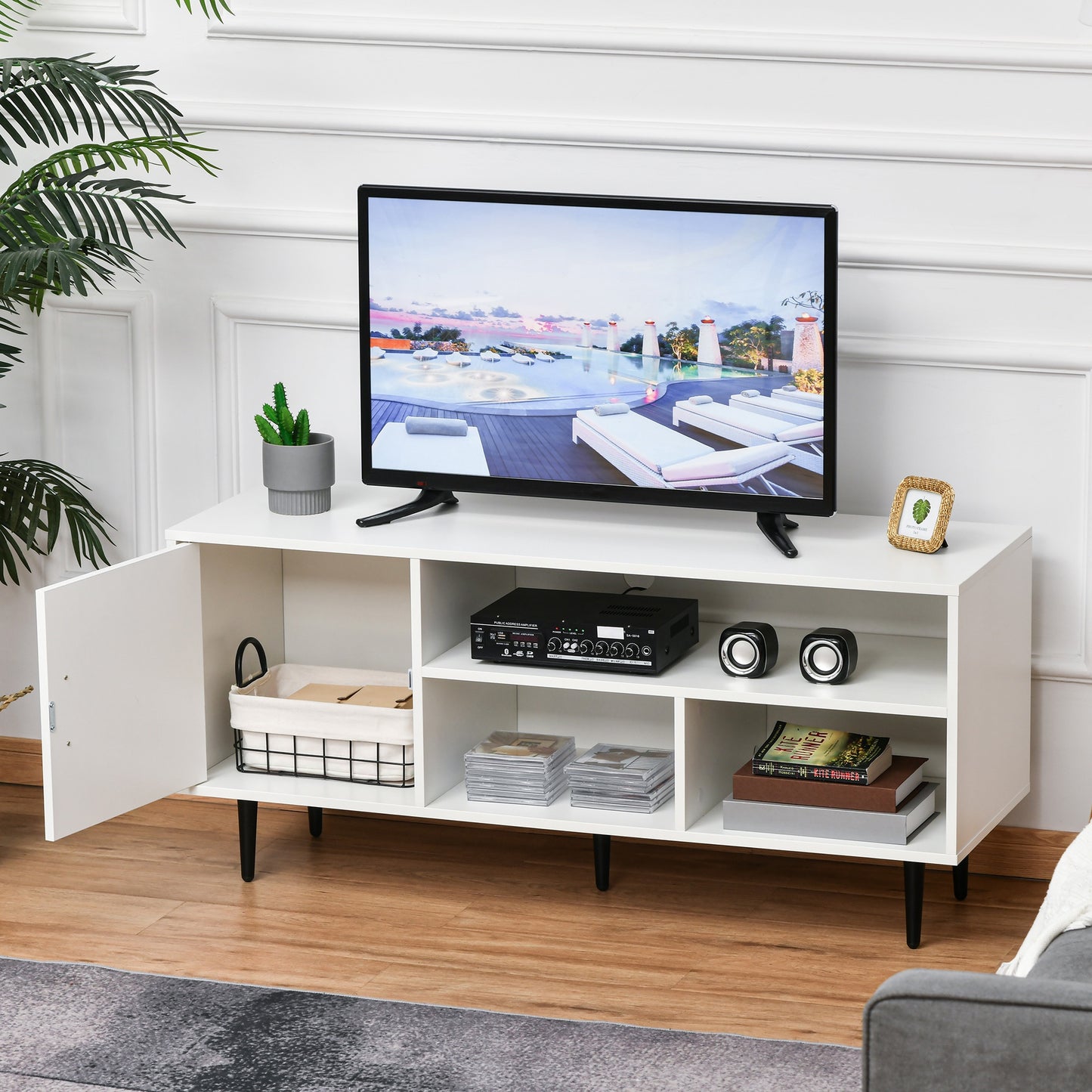 Modern TV Stand Cabinet with Storage Shelf, Cable Hole, Home Entertainment Unit Center, for Living Room Bedroom, White