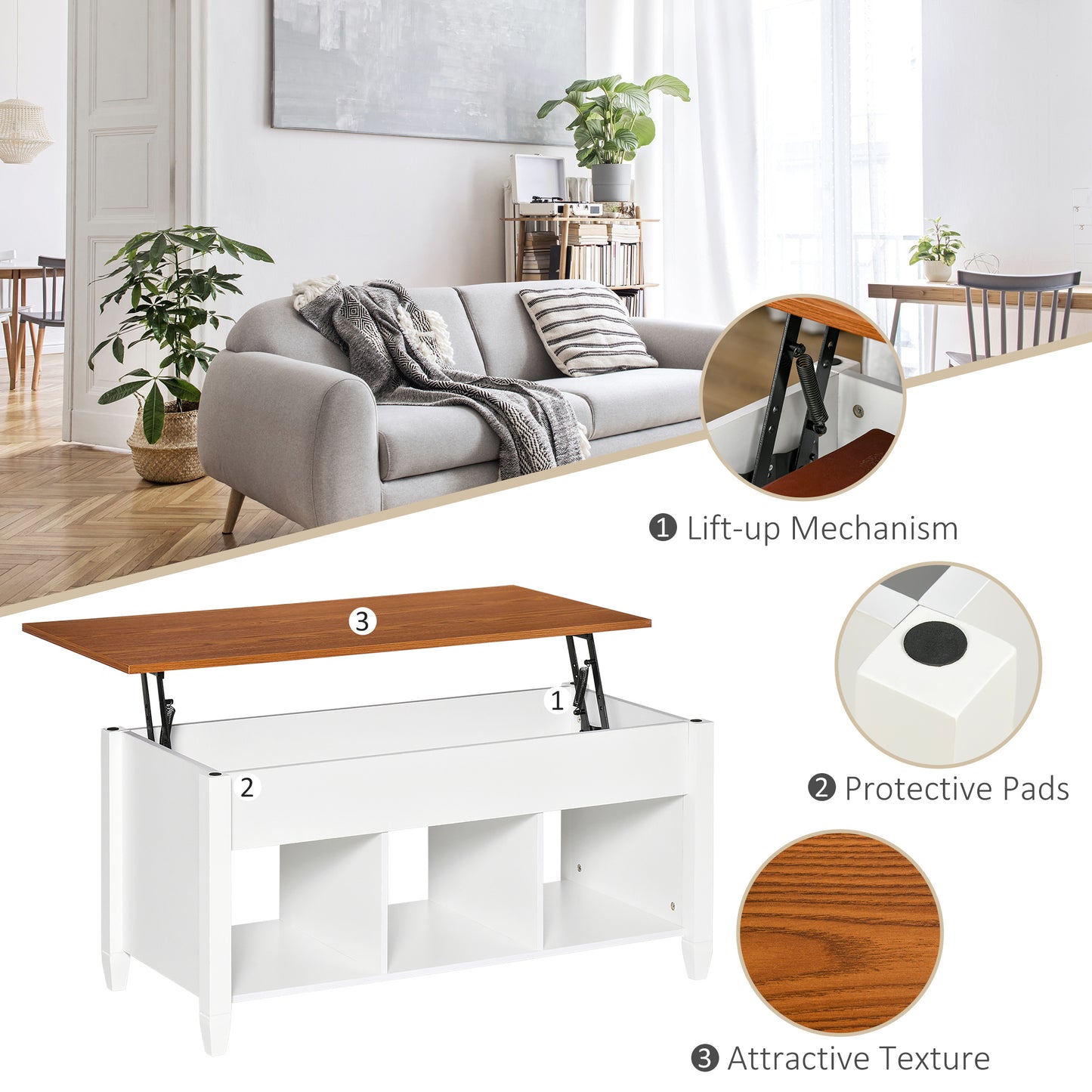 Lift Top Coffee Table with Hidden Storage Compartment and 3 Lower Shelves, Pop-Up Center Table for Living Room, White and Brown