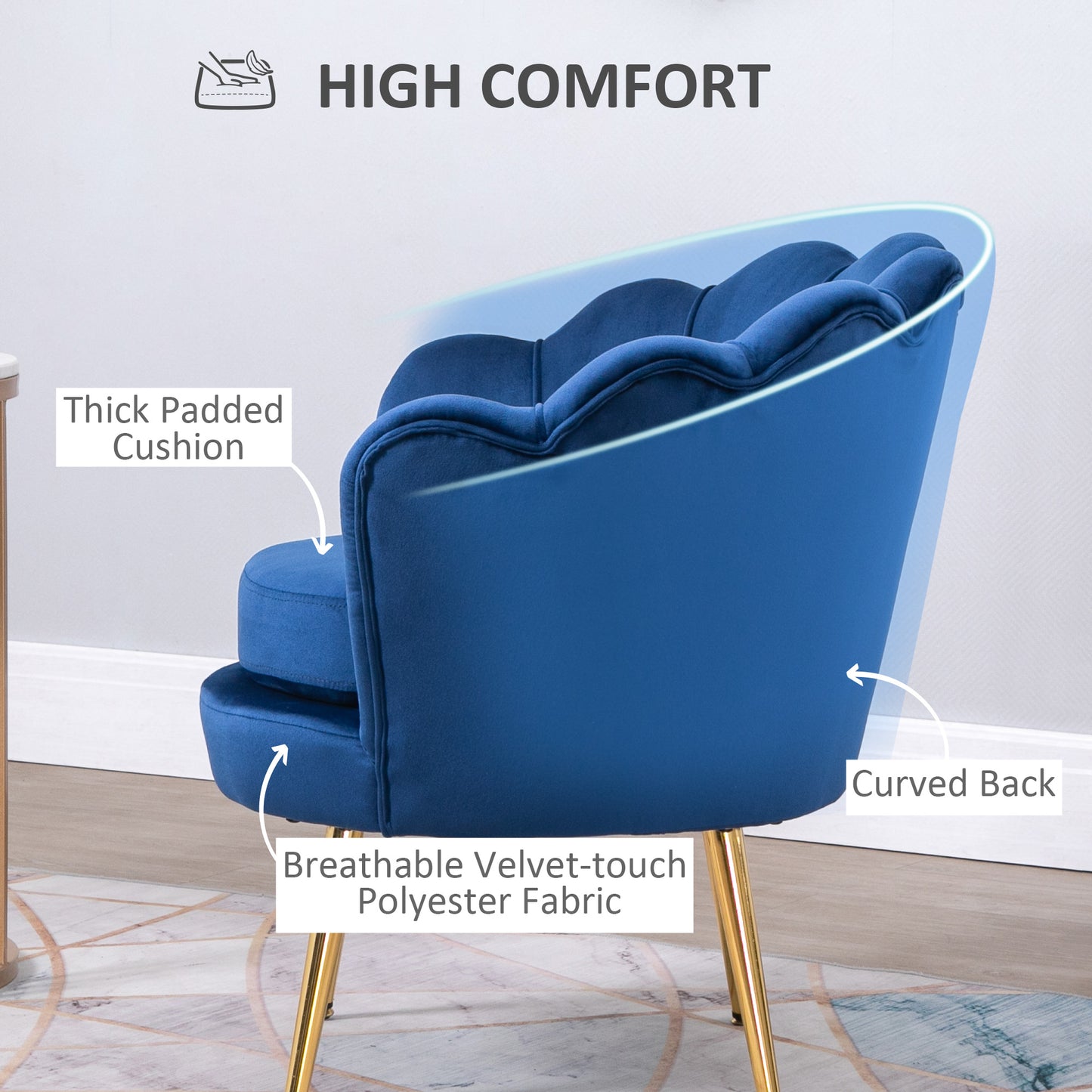 Modern Velvet-Touch Fabric Accent Chair Leisure Club Chair with Gold Metal Legs for Living Room, Blue