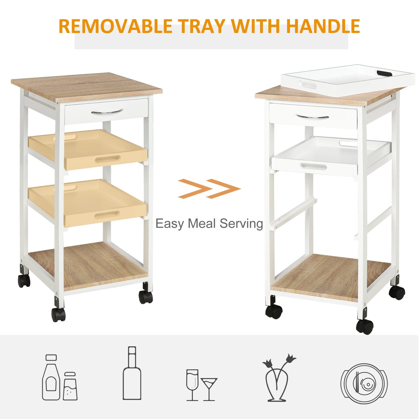 4-Tier Kitchen Cart Serving Trolley with Drawer, Pull Out Trays, Rolling Wheels for Dining Living Room, White