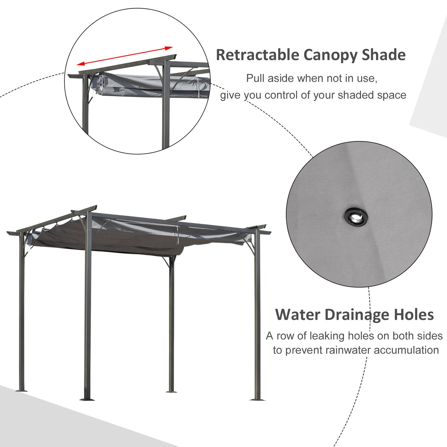 10' Outdoor Pergola Gazebo Garden Retractable Sun Shade Deck Lawn Covered Modern Square Canopy Backyard Patio BBQ Shelter Grey