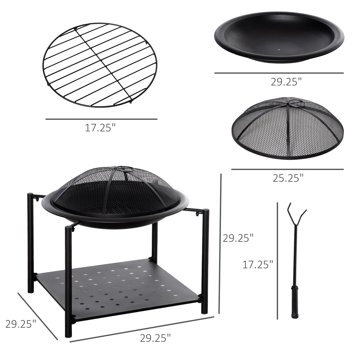 Outdoor Fire Pit with Screen Cover and Storage Shelf, Wood Burning Fire Bowl with Poker for Patio, Backyard, Black