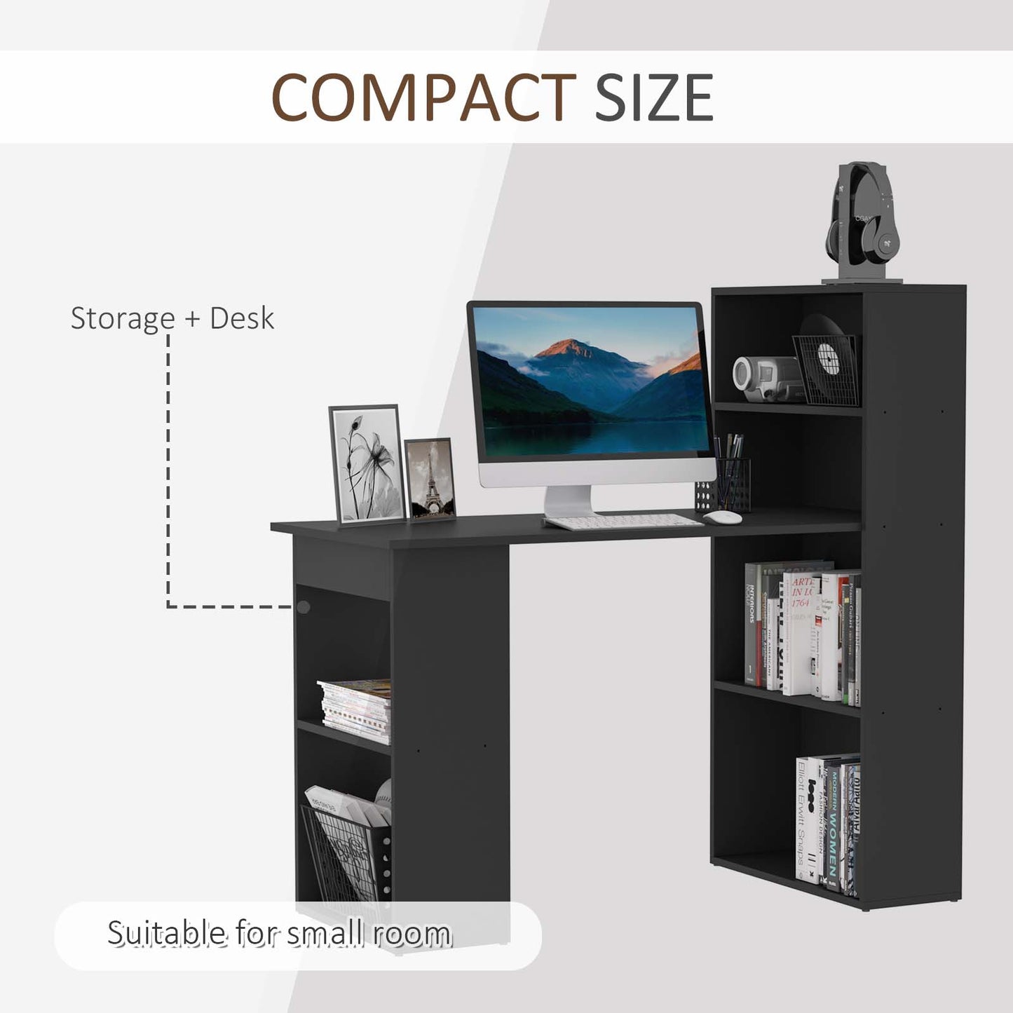 Modern Compact Computer Desk with 6-Tier Storage Shelves Combo, Writing Table Workstation with Bookshelf for Home Office, Black