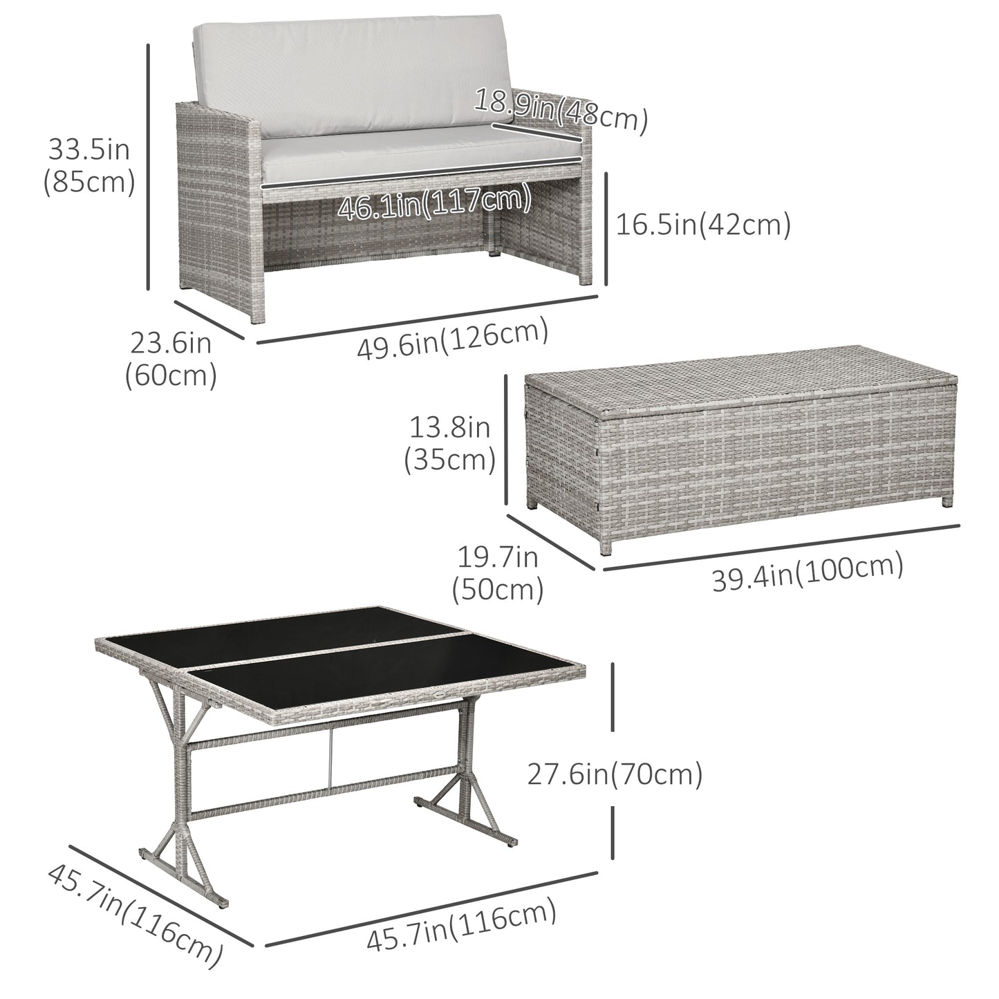 Outsunny 5 Pieces Wicker Patio Dining Set, Conversational Rattan Loveseat Sofa, Ottoman and Dining Table, 6-seater Outdoor Furniture Set with Tempered Glass Tabletop and Cushions, Gray