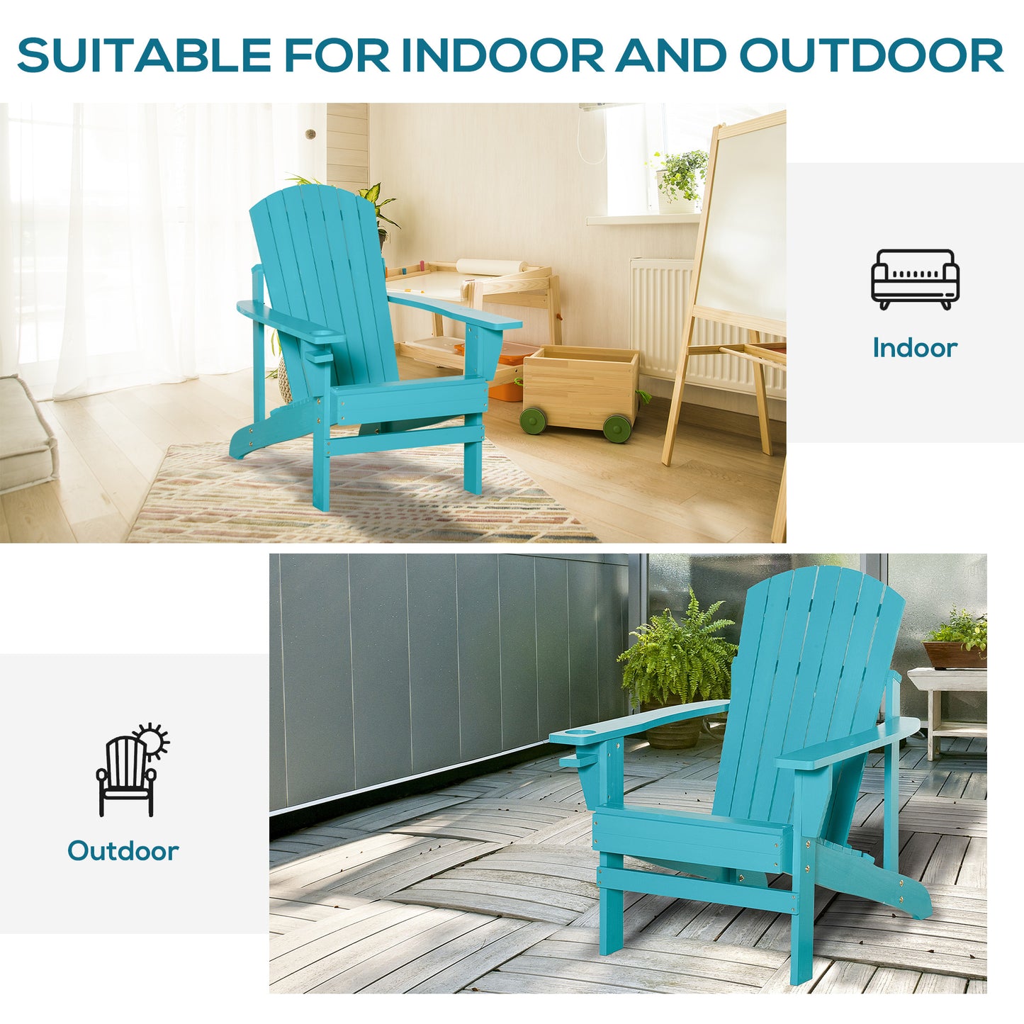 Outsunny Outdoor Classic Wooden Adirondack Deck Lounge Muskoka Chair with Ergonomic Design & a Built-In Cup Holder, Turquoise