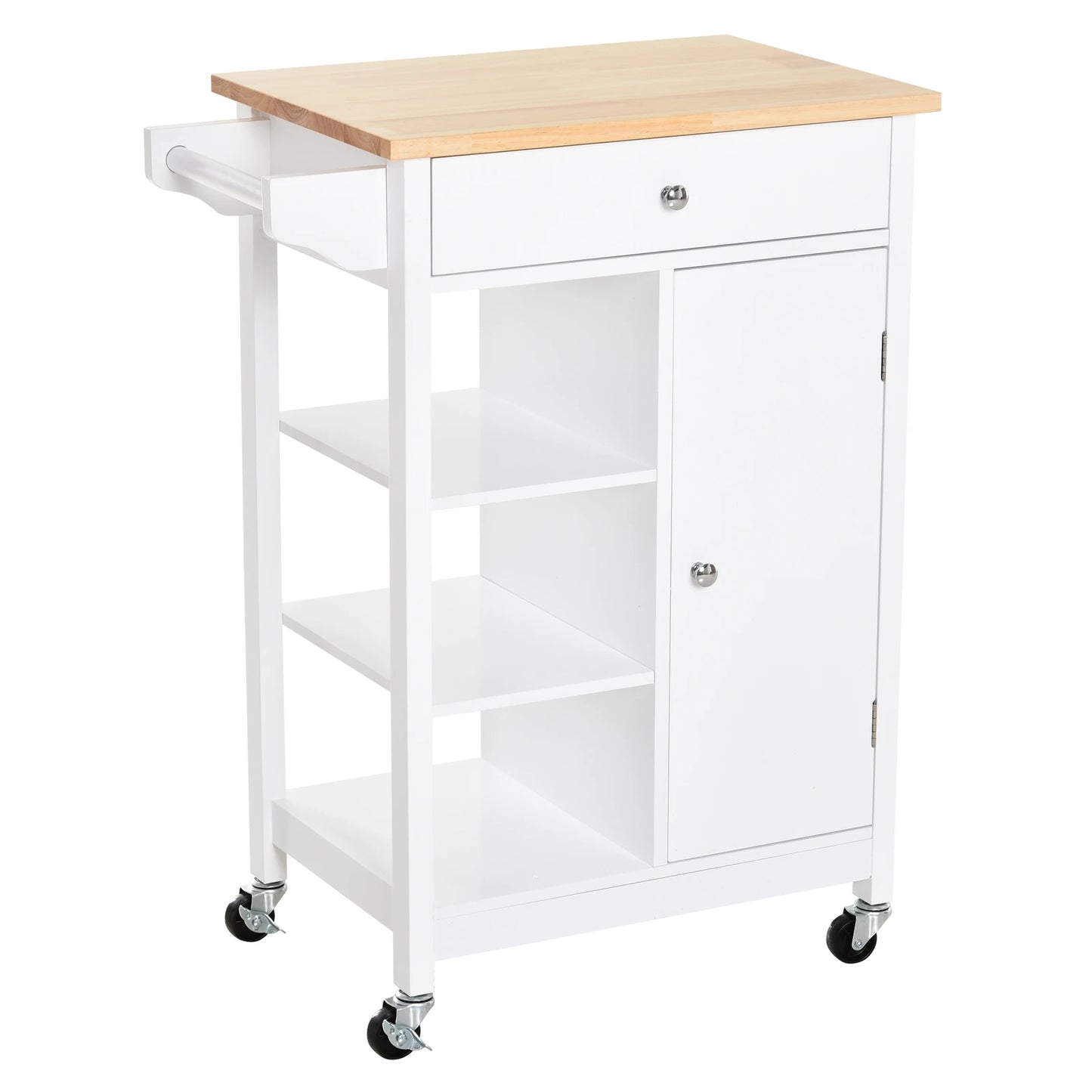 Kitchen Storage Trolley Cart Unit with Wood Top 3 Shelves Cupboard Drawer Rail 4 Wheels Handles Moving Shelf Handy Space saver, White