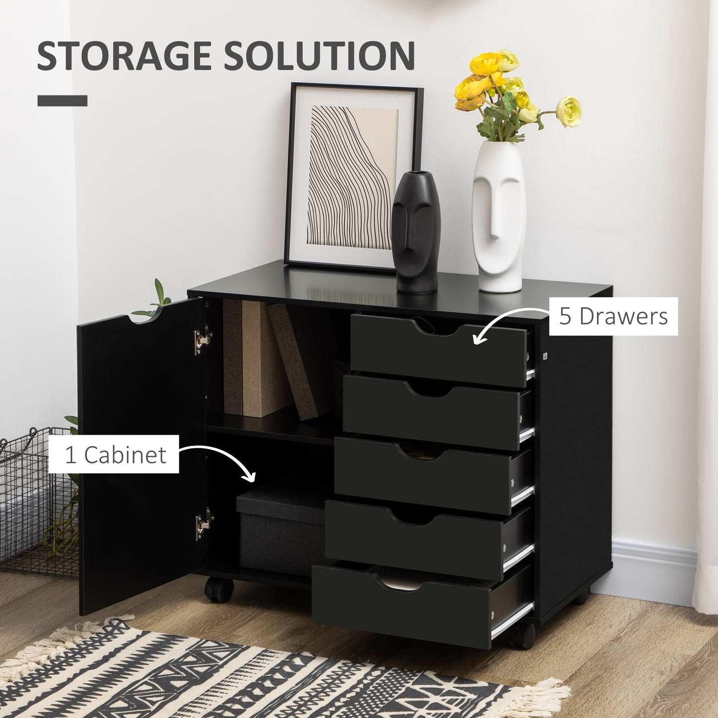 Modern Mobile 5-Drawer Chest with Door, Storage Cabinet, Dresser on Wheels, Printer Stand for Home Office, Black