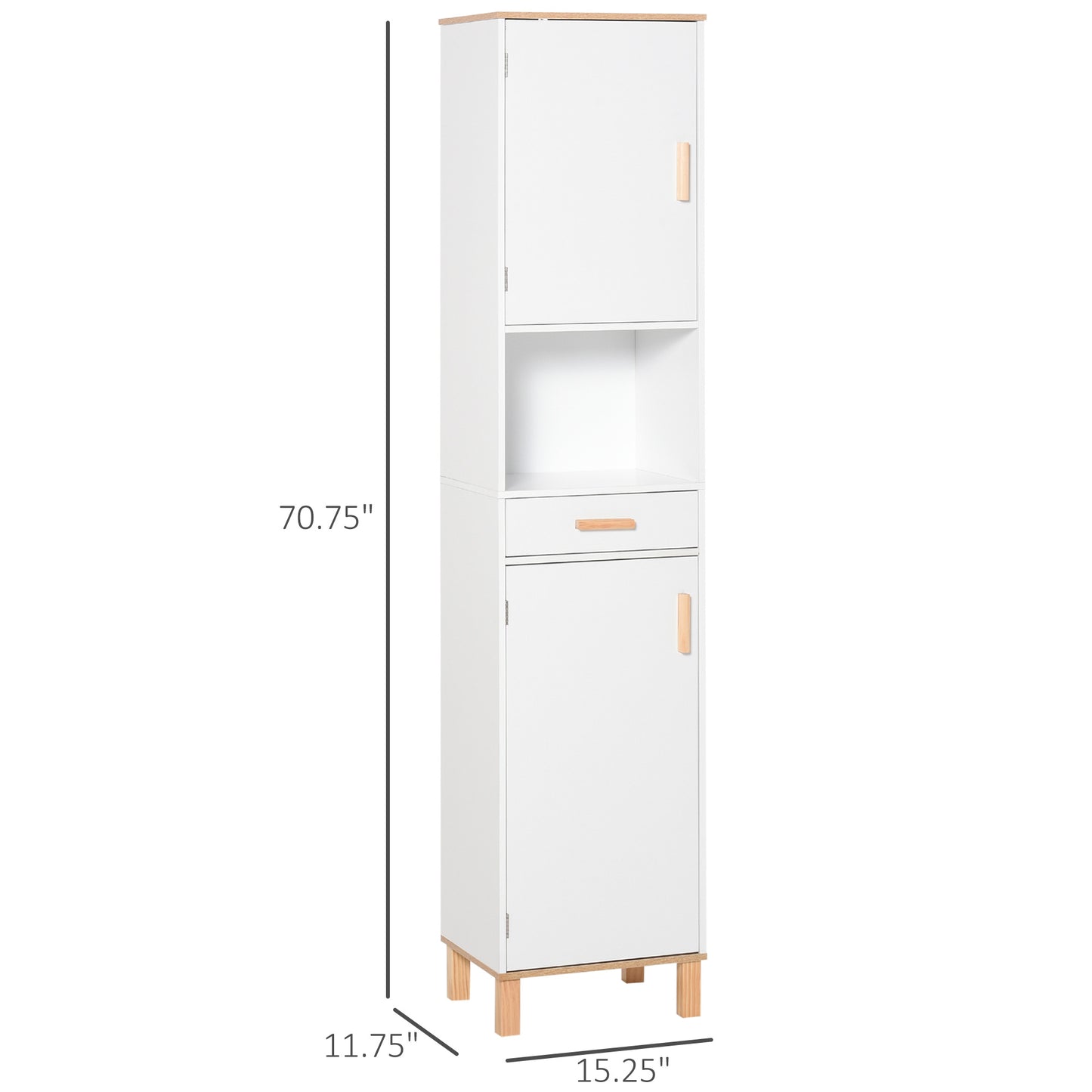 Bathroom Storage Cabinet with Cupboards and Drawer, Floor Free Standing Linen Tower, Tall Slim Side Organizer Shelves, White