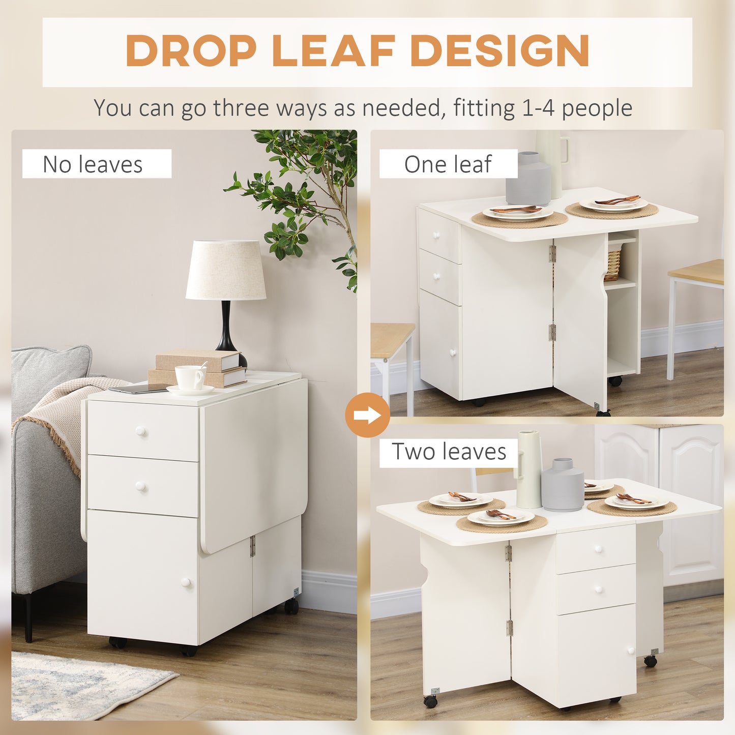 Extendable Dining Table, Drop Leaf Table with 2 Drawers, Cabinet and 6 Wheels for Small Spaces, Kitchen, White