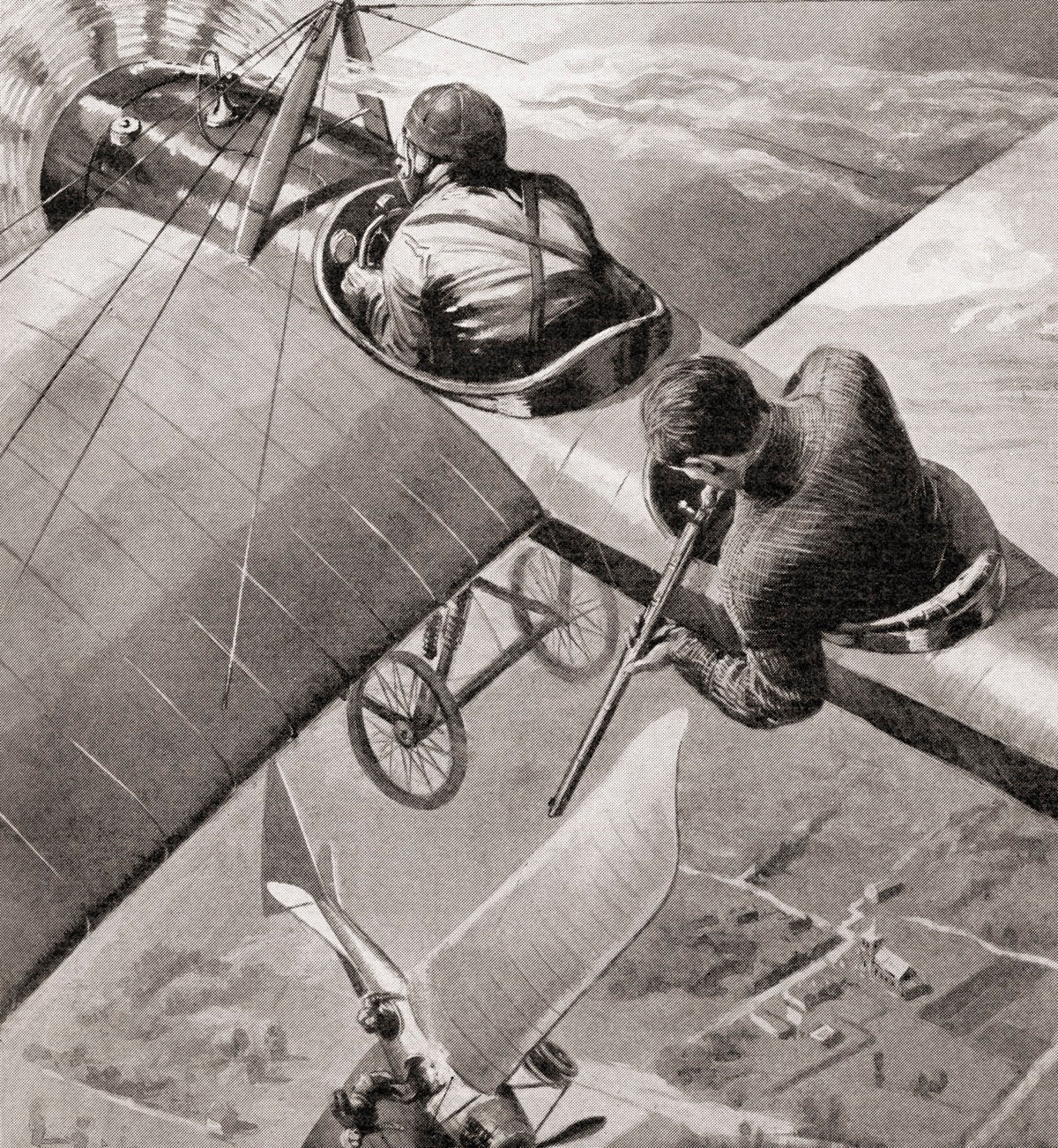 A British monoplane versus an Etrich-Rumpler Taube German monoplane during WWI.  From The War Illustrated Album Deluxe, published 1915.