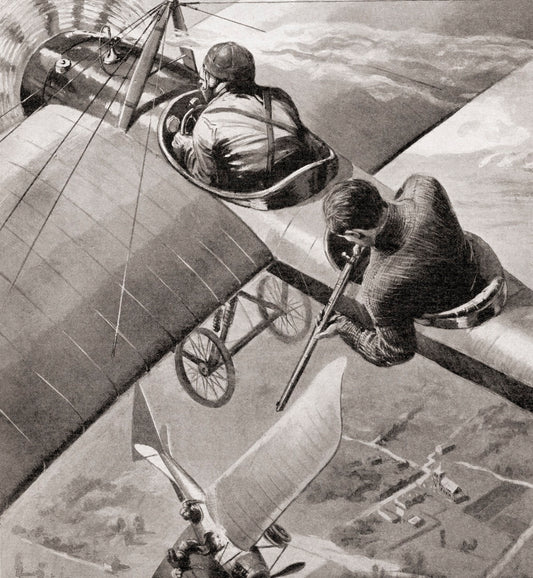 A British monoplane versus an Etrich-Rumpler Taube German monoplane during WWI.  From The War Illustrated Album Deluxe, published 1915.