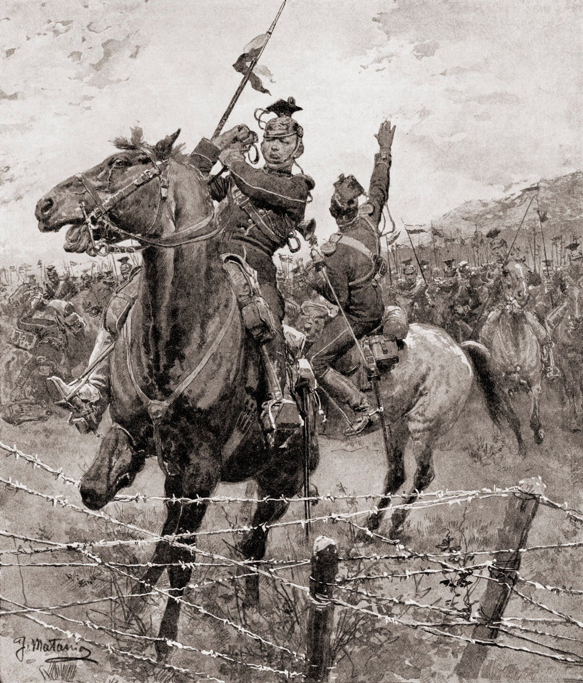 The German cavalry, the Uhlans, come up against barbed wire erected by the Belgians to stop their advance during World War One.   From The History of the Great War, published c. 1919