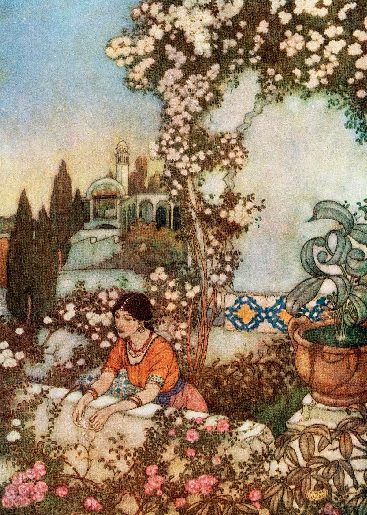 Look to the blowing Rose about us - "Lo, Laughing," she says, "into the world I blow:  At once the silken tassel of my Purse Tear, and its Treasure on the Garden throw.  Illustration by Edmund Dulac from the Rubaiyat of Omar Khayyam, published 1909.